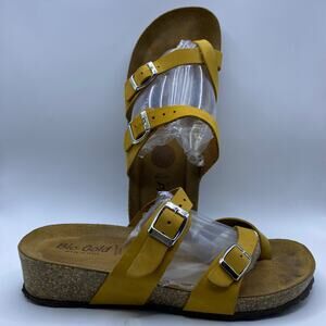 Made in Italy Leather Yellow & Brown Strappy Cork Sole Slight Wedge Sandals